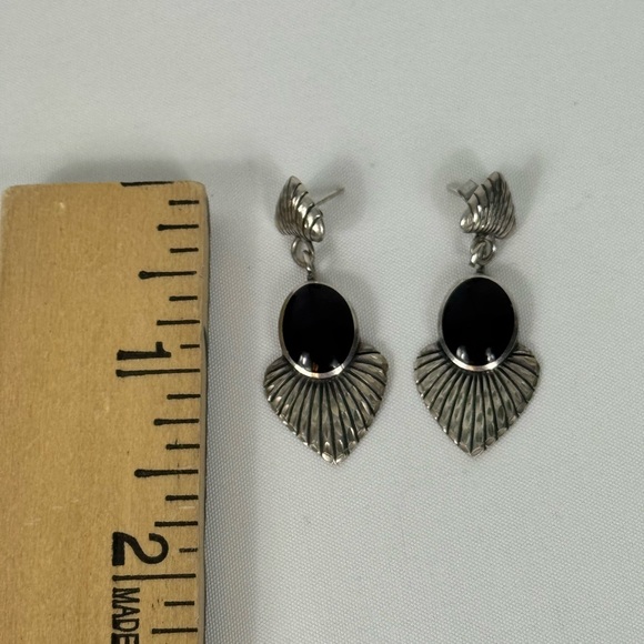 925 Sterling Silver Black Onyx Earrings, Diamond Cut‎ Earrings - Picture 2 of 4